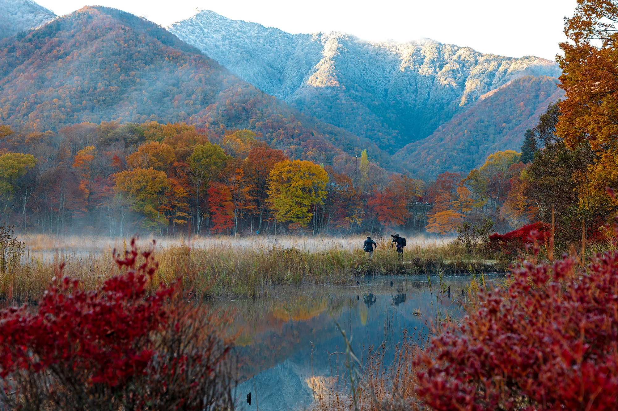 紅葉と雪山が映る、朝の観音沼