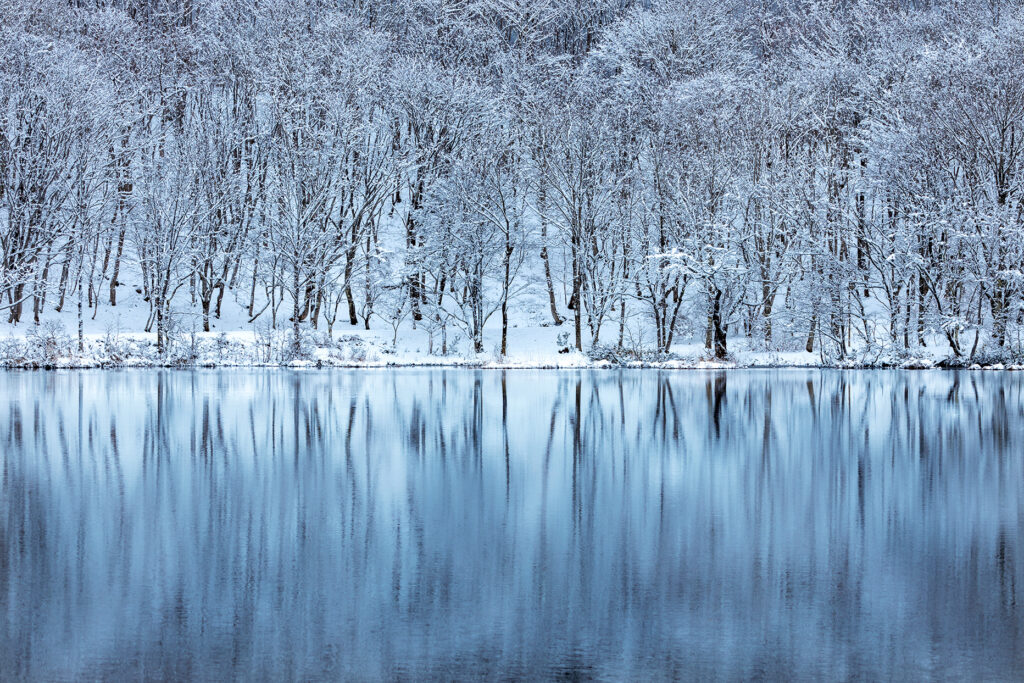 観音沼森林公園と湯野上温泉駅ー雪化粧した初冬風景