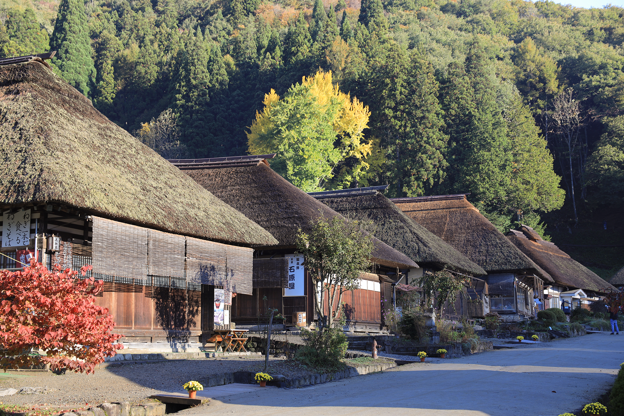 秋の朝日に照らされた大内宿の茅葺き屋根が並ぶ町並みと、色づき始めた周囲の山々
